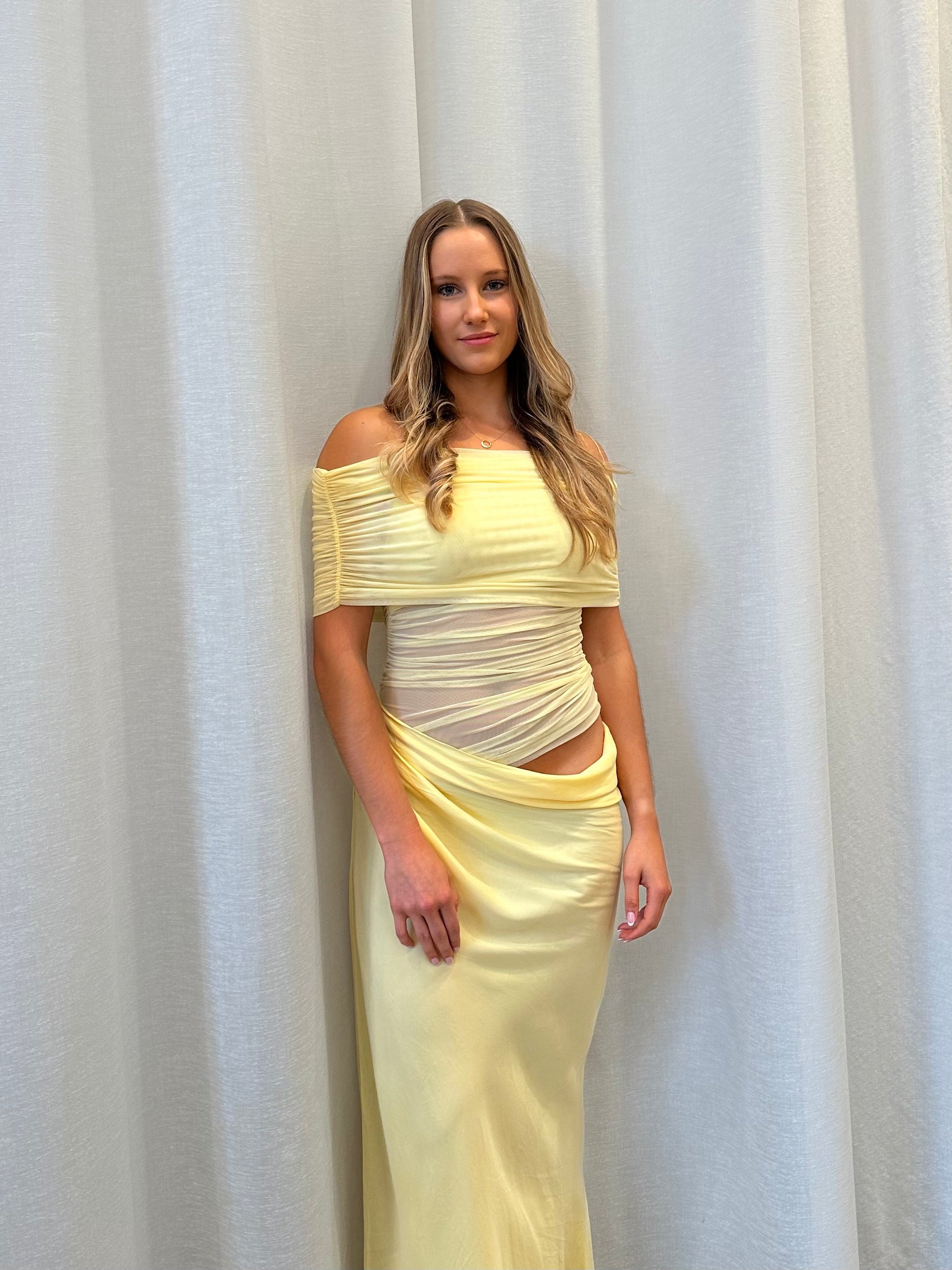 benni nico off shoulder maxi dress Benni Nico Off Shoulder Maxi Dress Candy Floss The Dressing Room Hire